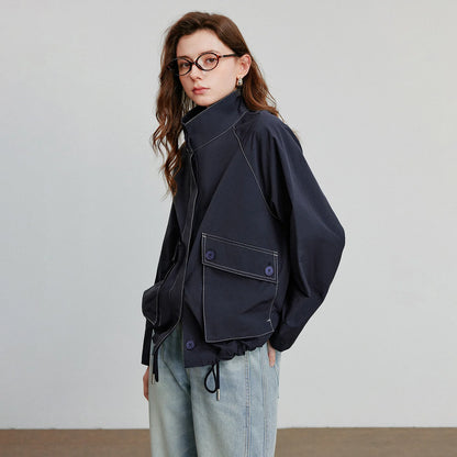 TOYOUTH Women Jacket Coat 2025 Autumn New Barn Style Workwear Large Pocket Stand up Collar Single Breaste Button Outwear Coat