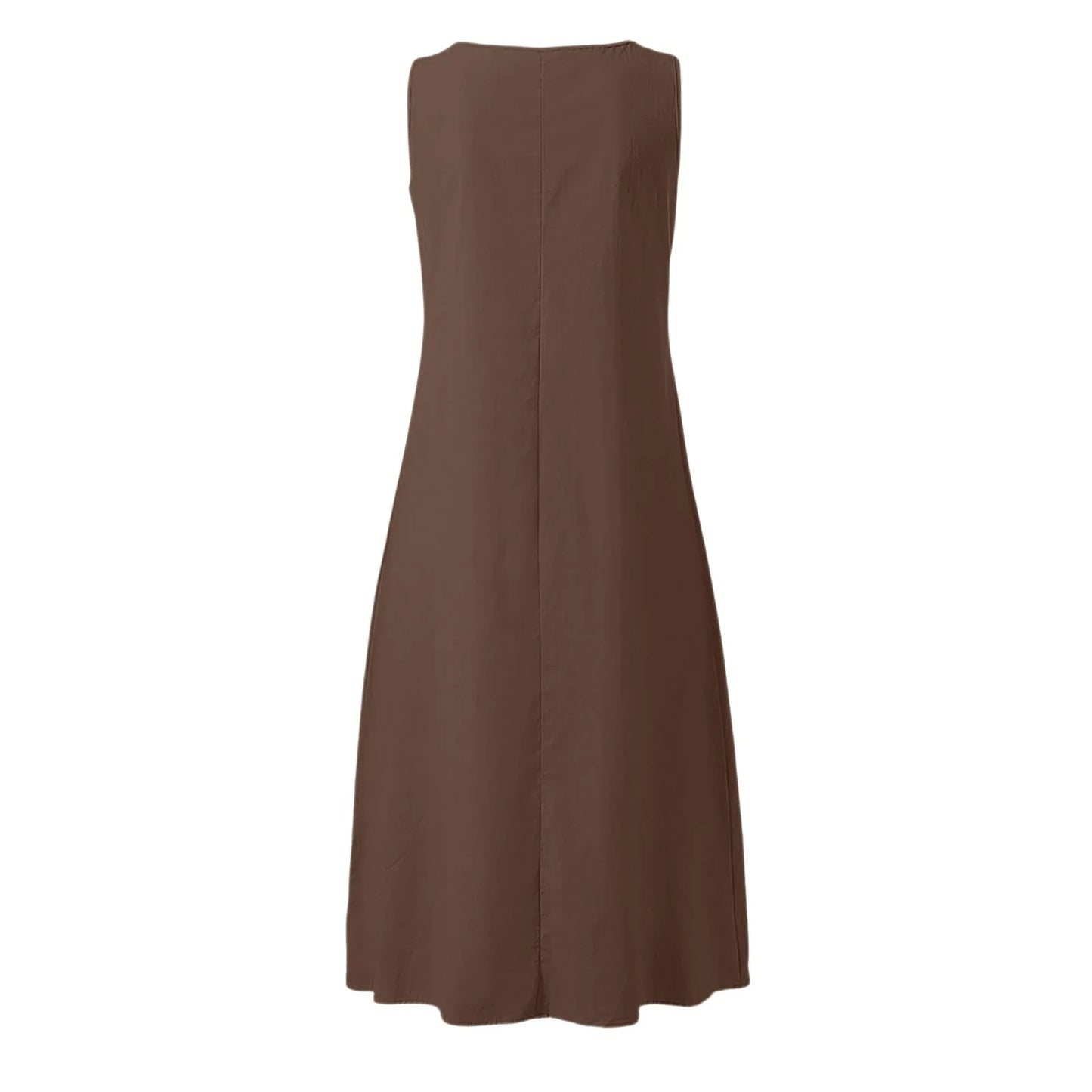 Women's Summer Casual V-neck Button Solid Color Sleeveless Long Dress With Pockets Female Elegant Trendy Casual Loose Dresses
