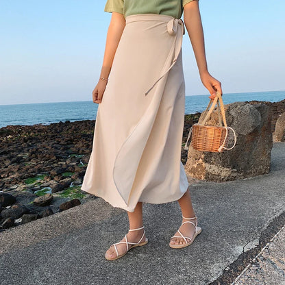 Spring Summer Autumn Beach Skirt Women 9 Colors High Waist Side Tie Casual Wrap Skirt Female Solid Elegant Midi Skirt Clothes