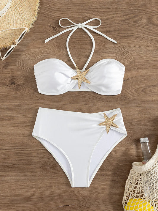 Sexy White Starfish Bikinis Sets 2025 Women Pleate Push Up High Waist Swimsuit Summer Bathing Suit Holiday Two Piece Swimwear