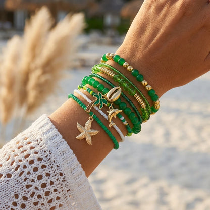 Cute Coral Starfish Shell Multi-Layer Bracelet for Women Ocean Series Fashion Stackable Beaded Jewelry Accessories