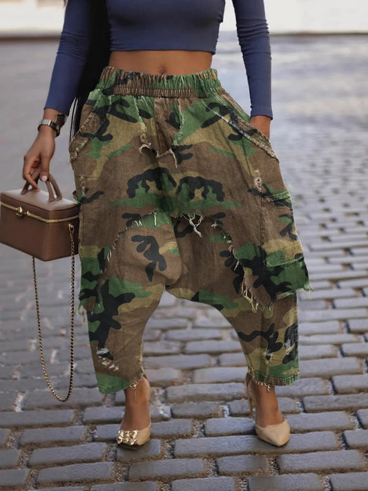 Streetwear Camouflage Harem Pants Sexy Women High Street Ripped Camo Fashion Trousers