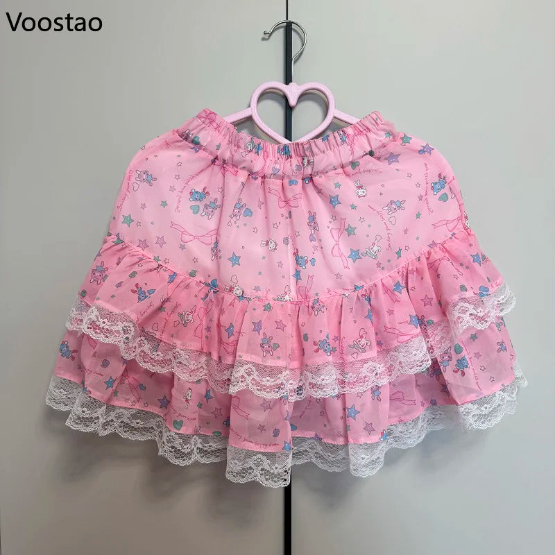Pink Japanese Sweet Lolita Style Mini Skirt Women Kawaii Cartoon Bunny Bear Print Lace Cake Skirt Y2k Cute Skirts Faldas Mujer