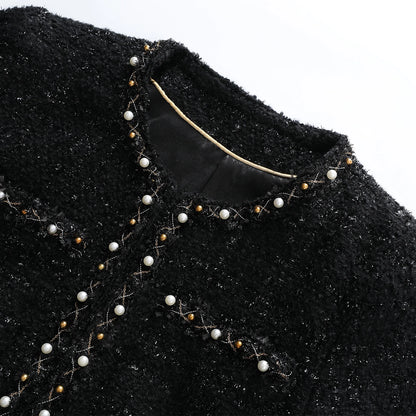 2025 new fashion round neck elegant light luxury celebrity high-end heavy industry beading temperament design tweed jacket