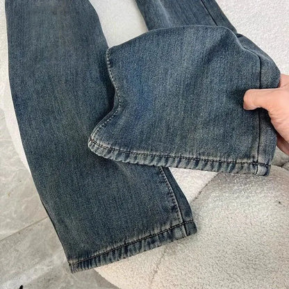 Korean Design Velvet Lined Straight Jeans Women Casual Vintage High Waist Wide Leg Denim Pants Winter Warm Snow Wear Vaqueros
