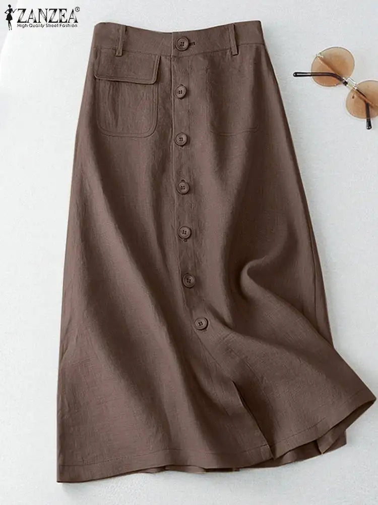 ZANZEA Women Casual Button Up A-line Skirts Summer Spring Cotton Midi Skirts Elegant High Waist Mujer Solid Temperament Faldas