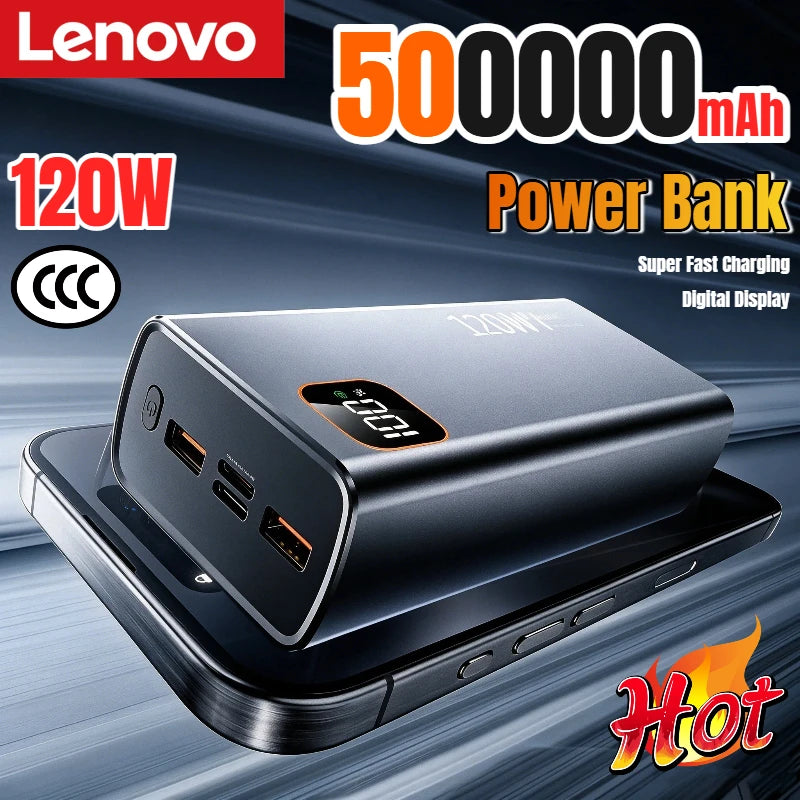 Lenovo 500000mAh Portable Power Bank 120W Large Capacity Super Fast Charging Digital Display External Battery Powerbank New