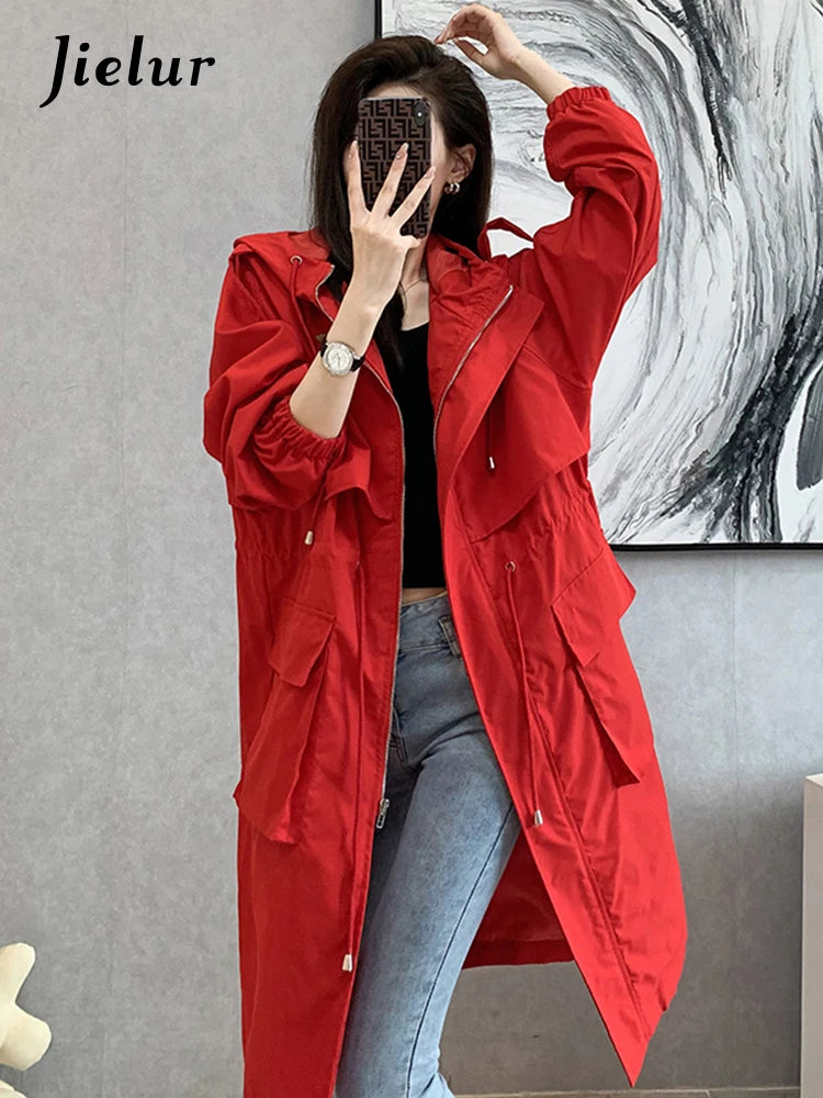 Jielur New Loose Women's Trench Coat autumn Solid Color Hooded Casual Straight Elegant Female Trench Chic Pockets Zipper Coat