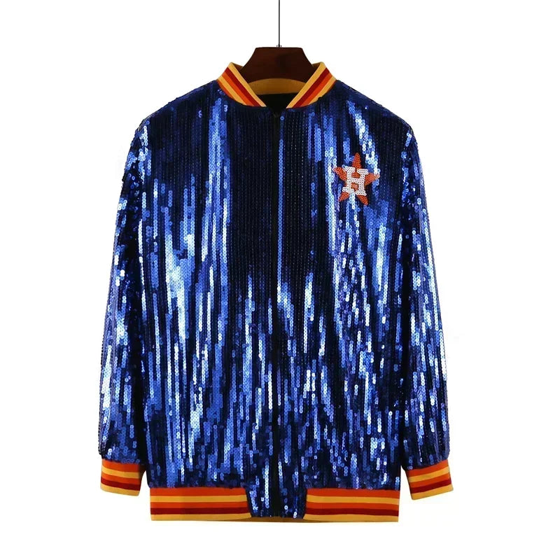 Autumn High Quality Letter Streetwear Sequined Long Sleeve Round Neck Loose Jacket Women Hip Hop Night Club Patchwork Coats