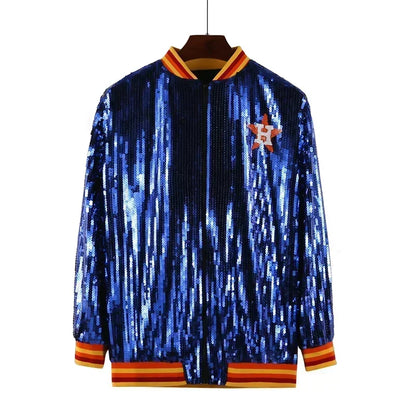 Autumn High Quality Letter Streetwear Sequined Long Sleeve Round Neck Loose Jacket Women Hip Hop Night Club Patchwork Coats
