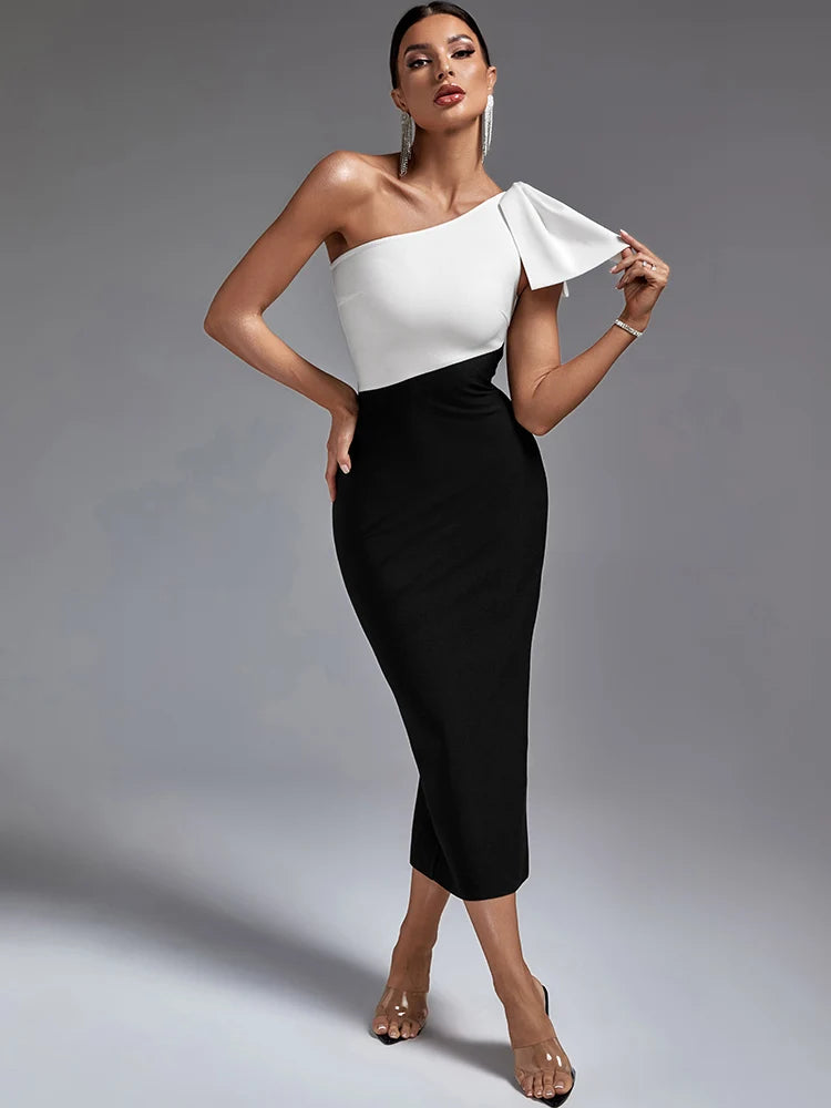Long Bandage Dress Women One Shoulder Party Dress Maxi Bodycon Elegant Color Block Sexy Birthday Evening Club Outfit Summer 2023