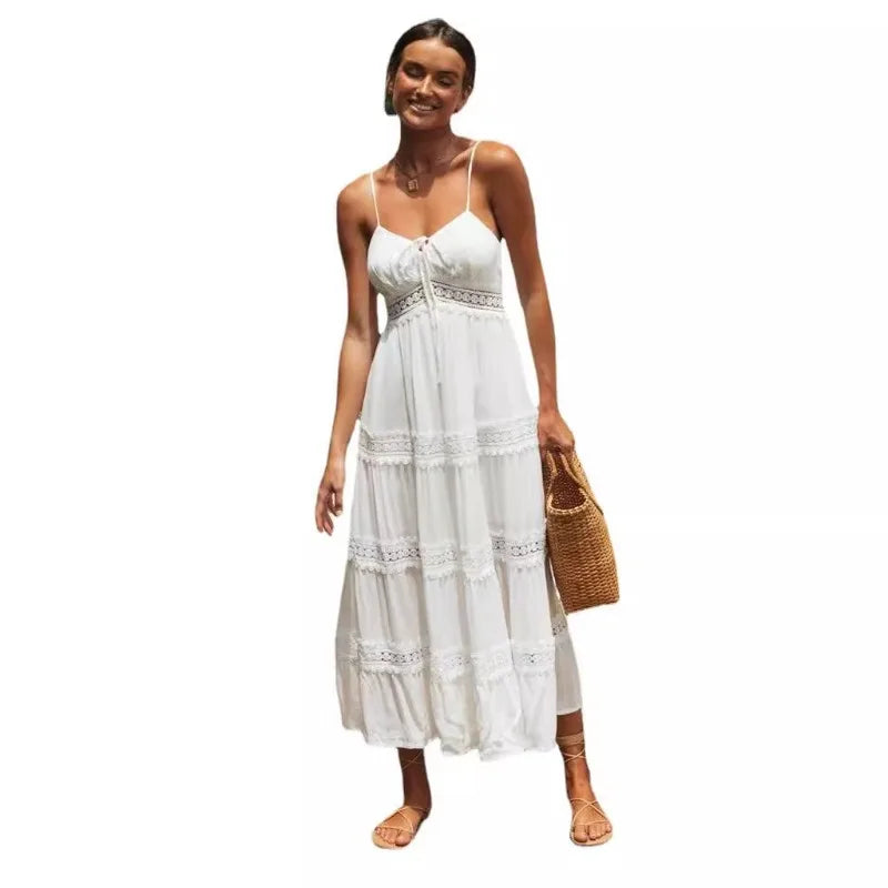 New Summer Woman Dress Sleeveless Solid White Strap Boho Dresses Beachwear Sundress Clothes Bohemian Off-the-shoulder Dress Lace
