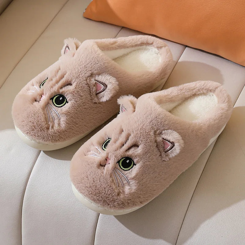 Winterwarme Hausschuhe für Damen, flauschig, mit Katzenmotiv, Cartoon-Fell, Plüsch, für drinnen, bequem, wärmend, flach, Flip-Flop