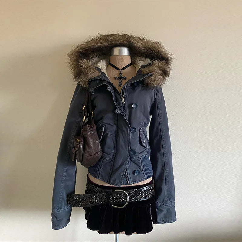 Vintage Women's Cropped Hooded Coats Fur Collar Full Sleeve Single Breasted Pocket Jacket 2025 Autumn Lady Y2K Warm Outwears New