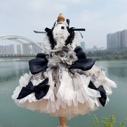 Luxury Pet Dog Clothes Pure Handmade Black Grey Lace Flower Bow Princess Dresses For Small Medium Dog All Reason Puppy Clothing
