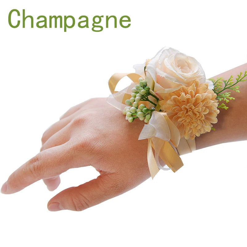 Girls Bridesmaid Wrist Flowers Groom Boutonnier Suit Corsage Pins Artificial Silk Rose Fabric Hand Flowers Wedding Accessories