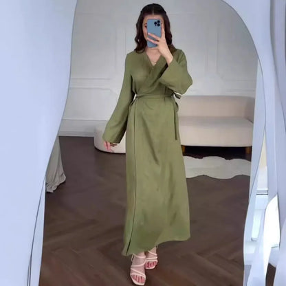 New Summer Women Dresses Solid V-Neck High Waist Casual Lace Up One Piece Cotton and Linen Long Dress Maxi Dresses With Belt