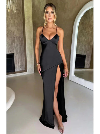 Bandage Backless Elegant Dress Split Hem Spaghetti Strap Slim Cocktail Party Club Fashion Satin Solid Lace-Up Long Dresses