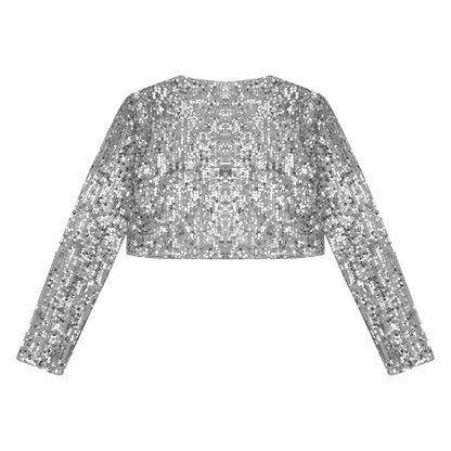 Womens Sequin Crop Jacket Open Front Long Sleeve Fully Lining Cardigan Cropped Blazer Bolero Shrug Cocktail Club Party Outerwear