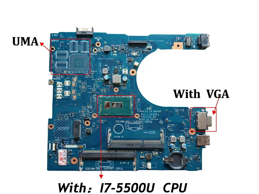AAL10 LA-B843P For Dell inspiron 14 5458 15 5558 17 5758 Laptop Motherboard With i3 i5 i7 CPU UMA  920M GPU DDR3L TESTED GOOD