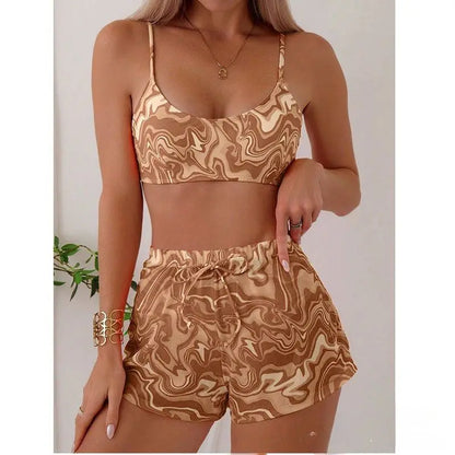 Cikini Women's Vacation Marble Print Casual Bikini Set, Three-Piece Bikini Set With Cover-Up Shorts, Random Print Summer Beach