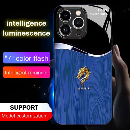 Wood Grain Dragon Emblem Sound Control LED Flash Cases Luminous Glass Cover For XiaoMi 15 14 13 12 11 Pro Ultra