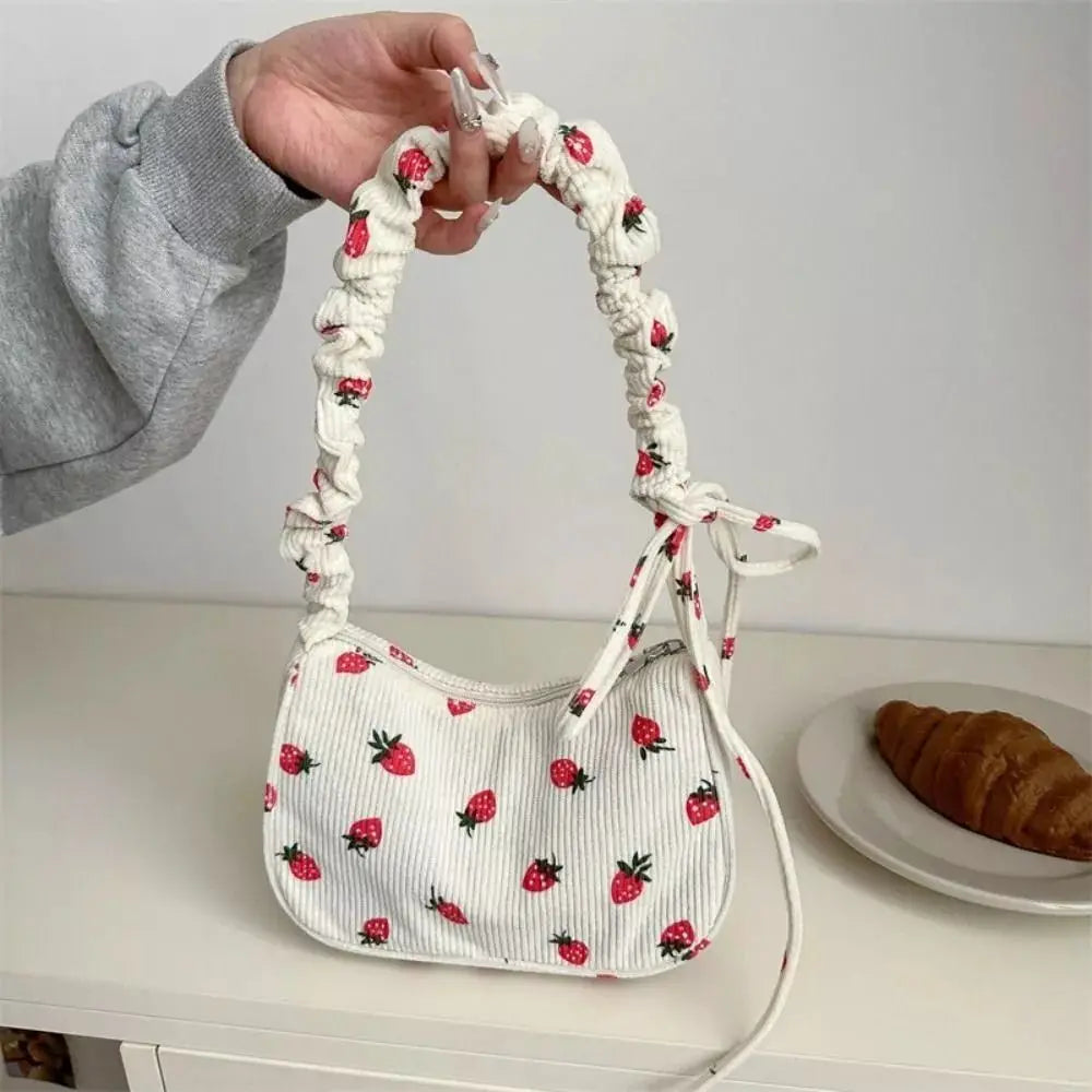 New Large Capacity Corduroy Tote Bag Women Girl Y2k Strawberry Shoulder Bag Sweet Trendy Zipper Underarm Bag Crossbody Bag