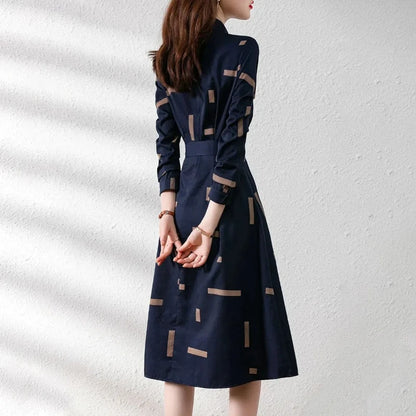 Simplicity Fashion Spring Shirt Dresses Women Lapel Geometric Print Button Belt Korean Office Lady Long Sleeve Slim Midi Dress