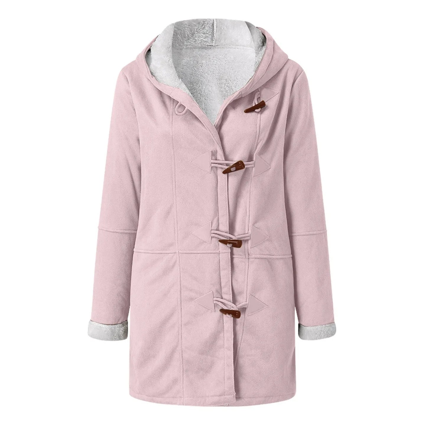 Coat Women's Jacket Cow Horn Buckle Pockets Solid Color Fleece Lined Hooded Overcoat Female Outerwear Winter Clothes Women