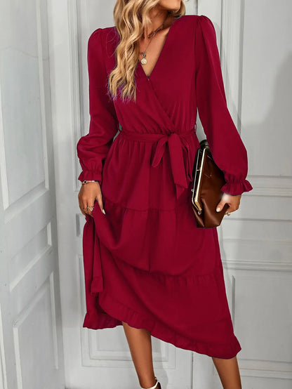 Women's Long Puff Sleeve V Neck Casual Dress Autumn New Fashion Long Sleeve Dress Elegant Fashion Spring Summer Streetwear
