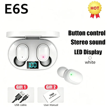 E6S TWS Wireless Bluetooth Earphones Digital Display Noise Cancelling Earbuds with Mic HiFi Stereo Sound Headset for Smartphones