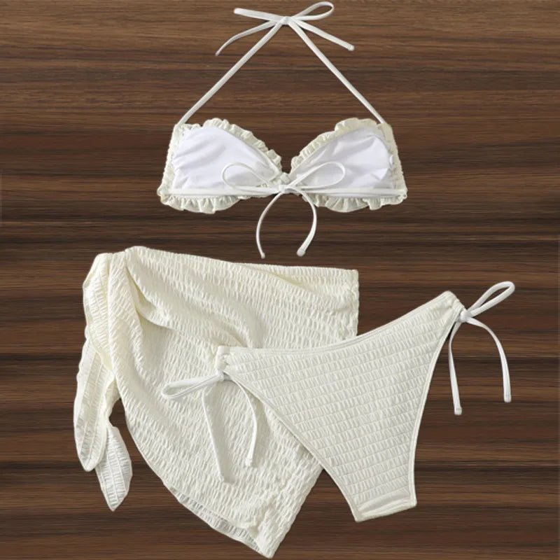 2024 New 3 Pieces Set Swimsuit Women Thong Swimwear Sexy Ruffle Bikini Set With Sarong Mesh Skirt Beachwear Bathing Suit White