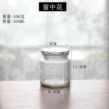 Retro Transparent Glass Sealed Jar Glass Lid Storage Jar Begonia Flower Glass Bottle Candy Storage Jar Kitchen Storage Supplies
