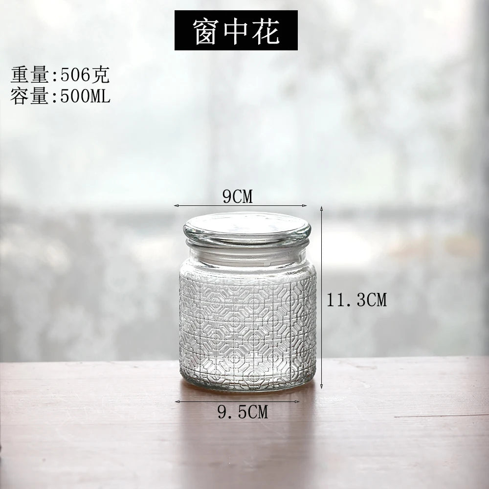 Retro Transparent Glass Sealed Jar Glass Lid Storage Jar Begonia Flower Glass Bottle Candy Storage Jar Kitchen Storage Supplies