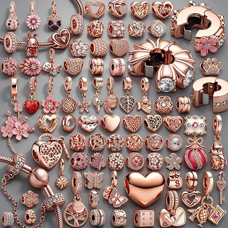 Rose Gold Plated Charms for Bracelet DIY Jewelry Making Heart Flower Strawberry Butterfly Paw Print CZ Pendant Beads Women Gift