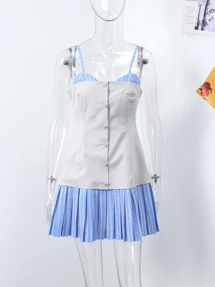 Patchwork Contrast Color Pleated Mini Dress Women Chic Strap Sleeveless Backless Single Breasted Dresses 2025 Spring Lady Robe