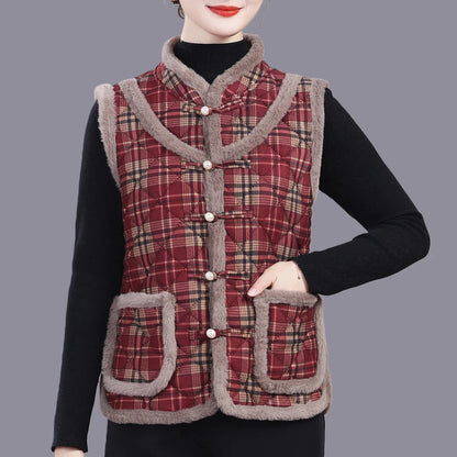5XL Middle-aged Mother Vest Autumn Winter New Printed Fleece Vest Coat Female Sleeveless Jacket Grandma Thicken Warm Waistcoat