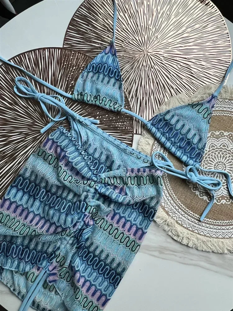 2025 Women Swimsuit Colored Maple Leaves Knitted Bikini Skirt Three-Piece Set Split Swimsuit Bikini