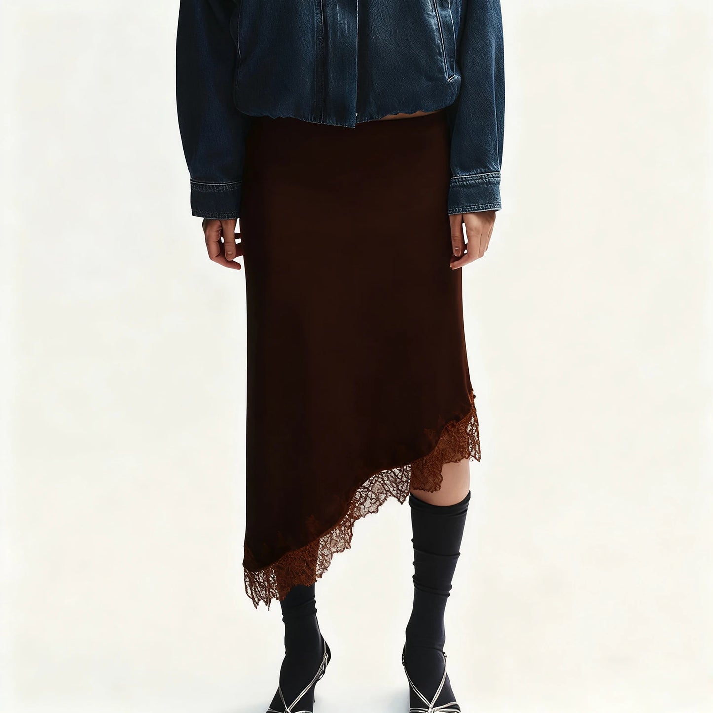 Luxury Women Asymmetrical Soild Color Midi Skirts Casual Elegant Lace Hem Santin Skirt for Beach Vacation Office