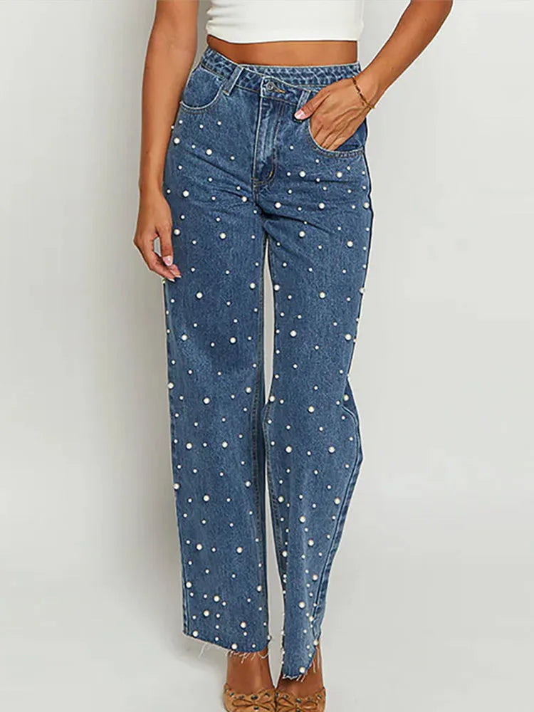 Trendy Women's High Waist Straight Leg Denim Jeans Pant With Chic Studded Beads Design Female Trendy Casual Streetwear Trousers