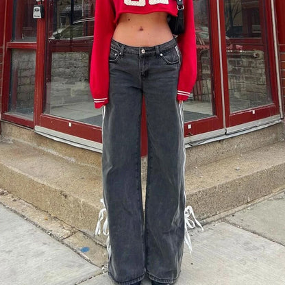 Women Vintage y2k Side Striped Bow Tie Jeans Boyfriend Low Rise Baggy Straight Wide Leg Jeans Casual Loose Fit Denim Pants