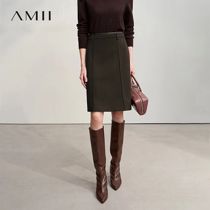 AMII Minimalist Skirts For Women 2025 Winter New Straight Solid Knit Midi Skirt Patchwork Leather Casual Woman Clothes 12524092