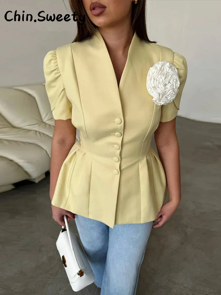 Fashion Women's 3D Flower Fitted Jacket V-neck Single Breasted Short Sleeve Slim Waist Jackets 2025 Summer Lady Outwears New