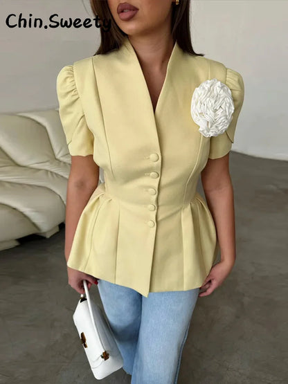 Fashion Women's 3D Flower Fitted Jacket V-neck Single Breasted Short Sleeve Slim Waist Jackets 2025 Summer Lady Outwears New