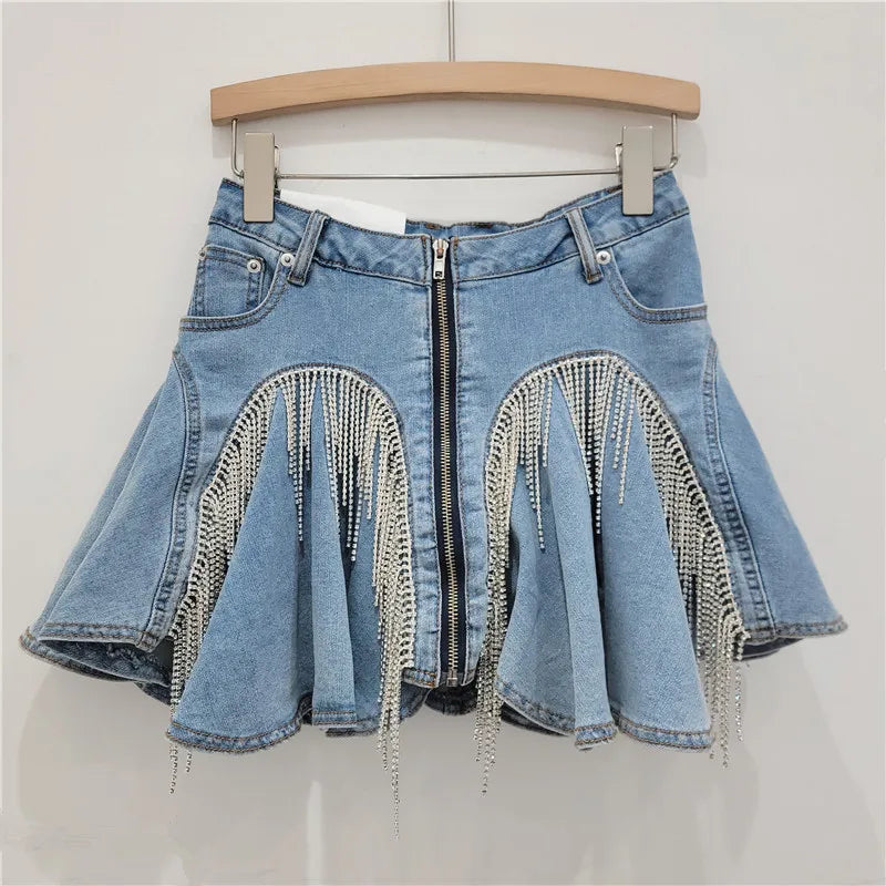DEAT 3D Cutting Ruffled Edge Denim Skirts For Women 2024 Summer New Fashion Zipper Splicing Pleated Elastic Skirt Female 11A0198