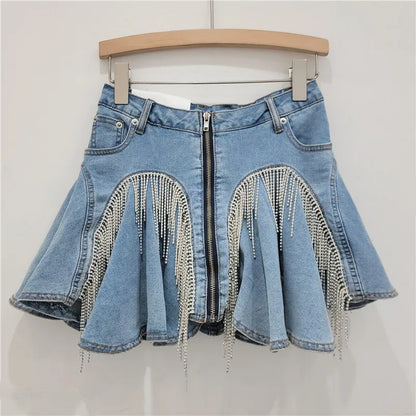 DEAT 3D Cutting Ruffled Edge Denim Skirts For Women 2024 Summer New Fashion Zipper Splicing Pleated Elastic Skirt Female 11A0198