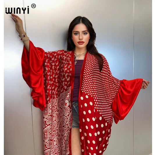 WINYI Summer Kimono party dress Beach Wear Swim Suit Cover up Africa women boho puff(ed) sleeves Cardigan sexy Holiday kaftan