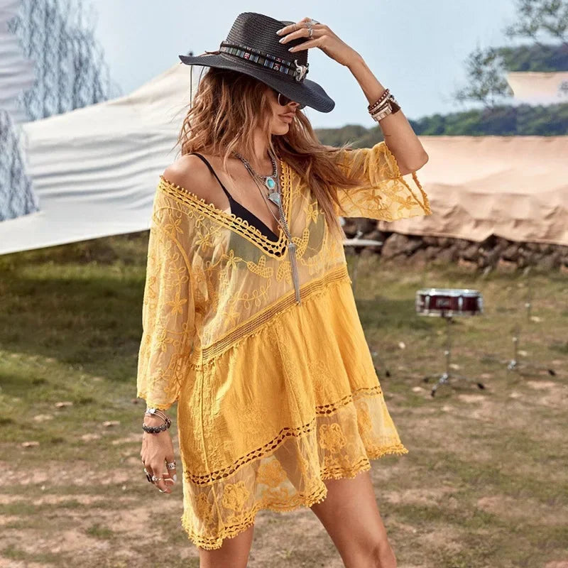 AYUALIN Floral Embroidery Loose Sexy Bikini Tunic Vintage Deep V-neck Boho Lace Cover-Ups Women Summer Mini Robe 2025 Beach Wear