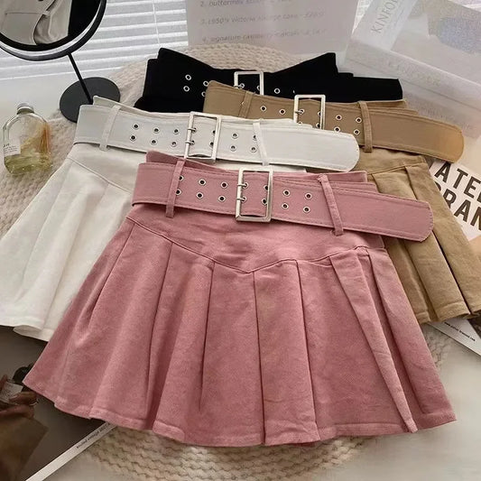 Xpqbb Summer Pleated Skirt Women Korean Fashion with Belt Mini Skirts Girl Kawaii High Waist School Uniform A-Line Short Skirts