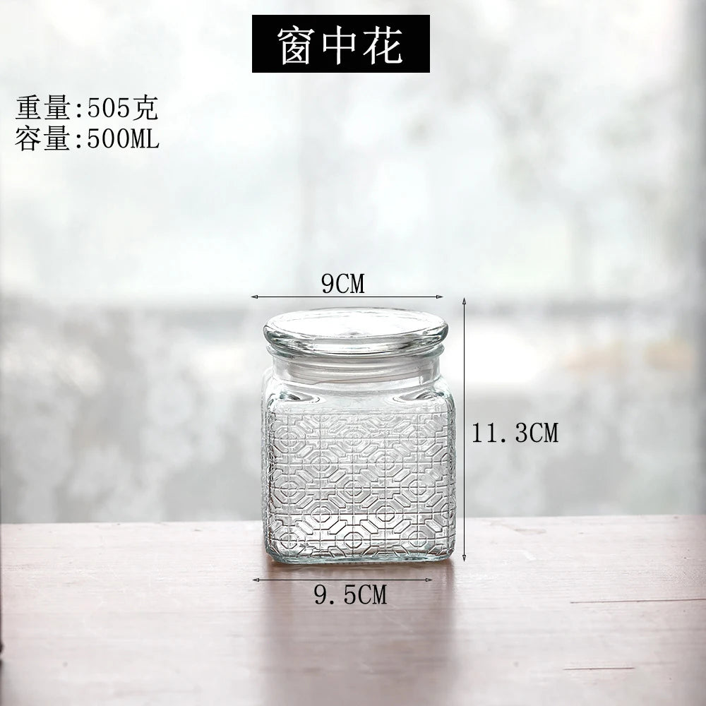Retro Transparent Glass Sealed Jar Glass Lid Storage Jar Begonia Flower Glass Bottle Candy Storage Jar Kitchen Storage Supplies